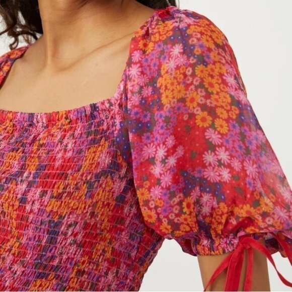 Fairycore Crop Top Smocked Puff Sleeve Vibrant Floral XL - Picture 3 of 11